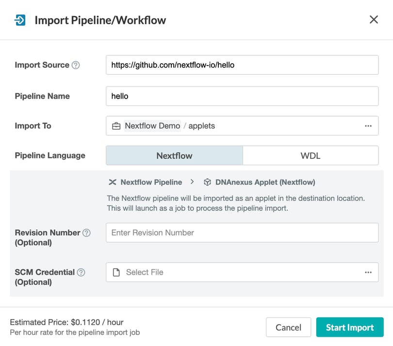 A screenshot of the import pipeline/workflow dialog box in DNAnexus