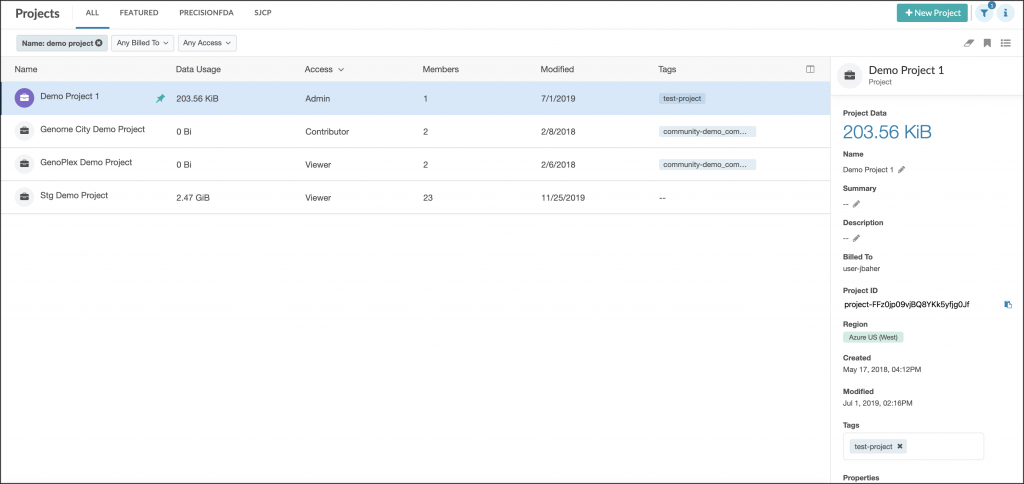 DNAnexus Platform Projects UI